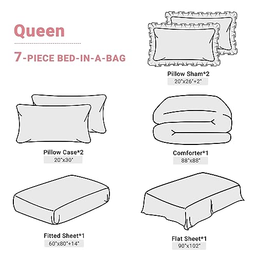JOLLYVOGUE Queen Comforter Set 7 Pieces, Pink/Ivory Bed in a Bag Comforter Set for Bedroom, Bedding Comforter Sets with Comforter, Sheets,Ruffled Shams & Pillowcases