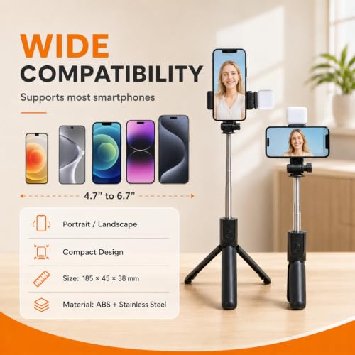 Image of Selfie Stick Tripod with Bluetooth Remote, Foldable Mini Tripod Stand, 360 Rotating Phone Holder, Portable Selfie Stick for Android & iPhone, Vlogging & Travel R1S By UNBREAKcable