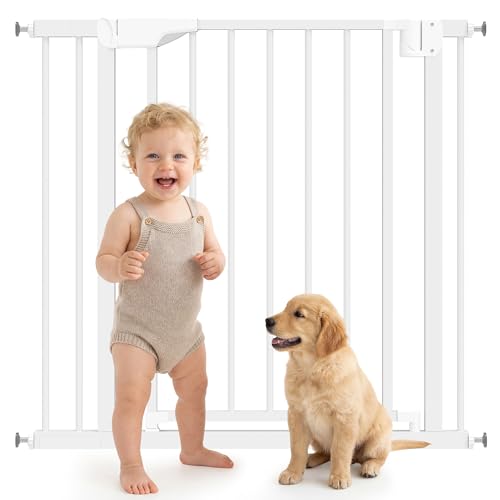 PawHut Barrera de Seguridad para Niños y Perros, Extensible 76-89 cm, Puerta para Perros para Puertas y Escaleras, Bloqueo Doble, Cierre Automático, Montaje a Presión, Extensión 7 cm, Blanco