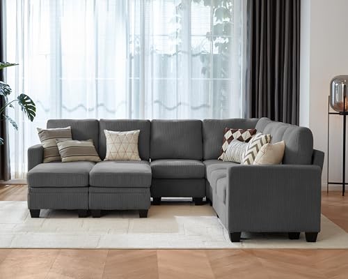 Image of CHIC HOUSE Modular Corner Sectional Sofa with Storage Ottoman, Corduroy L-Shaped Couch, Compact Small Space Furniture for Living Room & Apartment, (Dark Grey, 9 Seater L-Shaped)