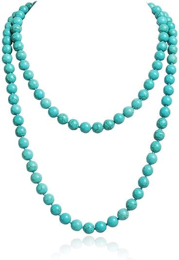 Q&D&S Long Turquoise Necklace Round Stone Beads Chunky Fashion Jewelry for Women cross Necklace Multi Meditation necklace 47.5inch