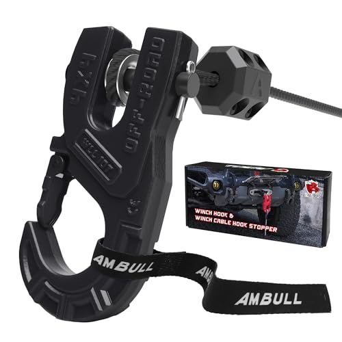 AMBULL 3/8 Winch Hook with Cable Stopper 10T Winch Hook Upgrade Heavy Duty Forged Steel Towing Winch Hook 31967lbs Max Strength Clevis Clip Hook Set for Synthetic Rope Off-Road Black