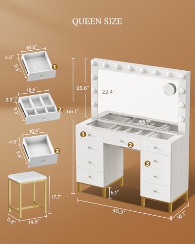 DWVO Makeup Vanity Set with Lighted Mirror, Power Outlet and 14 Lights, Vanity Desk with 9 Drawers, 3 Color Modes Available for Bedroom, White