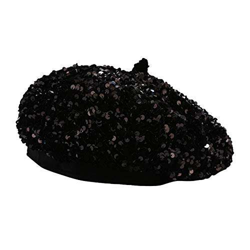 LATINDAY Womens Winter Beret Hat Sequins Pumpkin Cap Knitted Beanie Cap Autumn Winter Hat French Classic Beret (Black)