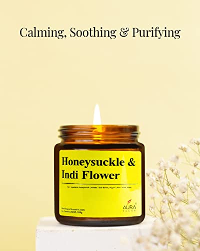 Image of AuraDecor Scented Jar Candle | Handpoured Soy Wax Candle with Long Lasting Burn Time | Premium Amber Jar Aromatherapy Candle | Ideal Gift for Home & Decor (Large, Honeysuckle & Indi Flower)