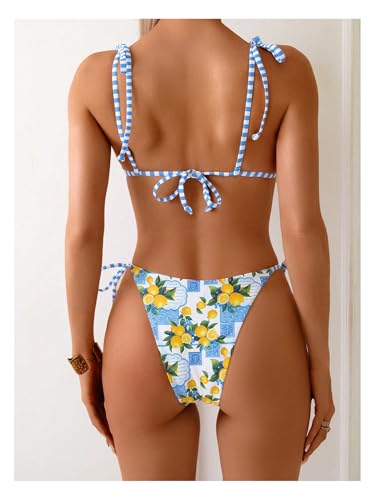 Women's Lemon Triangle String Bikini Two Piece High Cut Thong Halter Swimsuits Striped Bathing Suits3