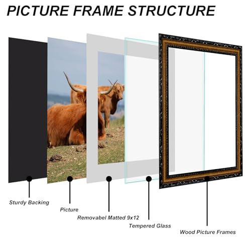 Image of Black Picture Frames 11x14 Vintage Picture Frame Wood | Real Glass, Matted 9x12 or 11 x 14 Photos, Easy Photo Changes, Wall Hanging