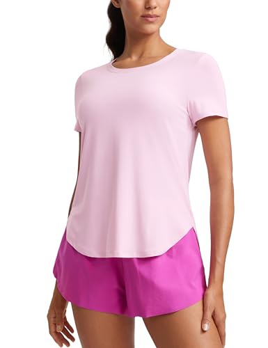 CRZ YOGA Womens Cloudweight Crewneck Short Sleeve Tops Side Slit Lightweight Gym Workout Athletic T-Shirts Pink Peony 12