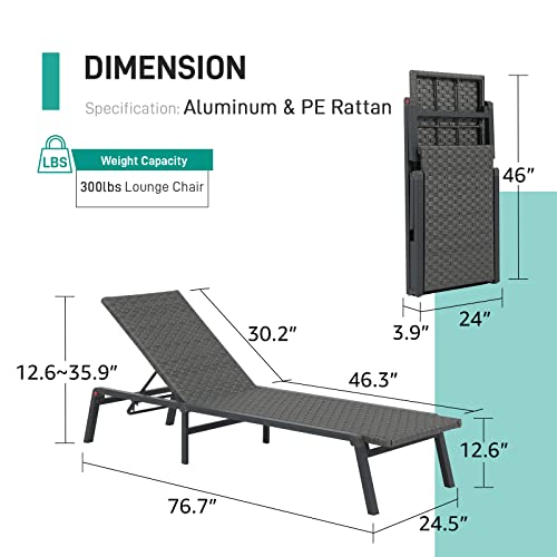 Patiorama Patio Chaise Lounge, Aluminum Outdoor Folding Lounge Chair, All-Weather PE Rattan Wicker Adjustable Reclining Lounge Chair for Outside,Portable Sun Lounger for Beach Garden Lawn Pool-Grey - Thumbnail 2