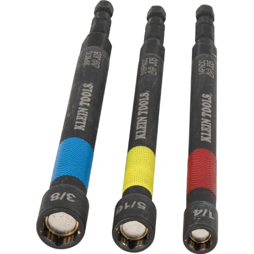 Image of Klein Tools 65411PK3 Magnetic Color-Coded Power Nut Setter Set, 1 /4-Inch Impact Hex Drive, 5-Inch Shaft, Extended Reach, 3-Piece