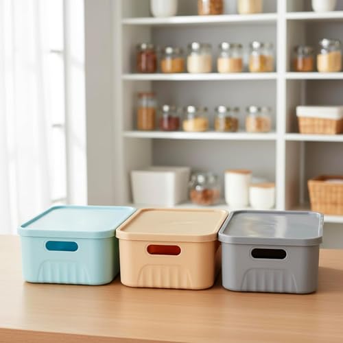 Image of SR Plastic Storage Baskets with Lids - Multipurpose storage and organisers for Kitchen, Clothes,Toys, Office - Durable & Stackable storage box and organiser for Home & Kitchen(3 Pcs)