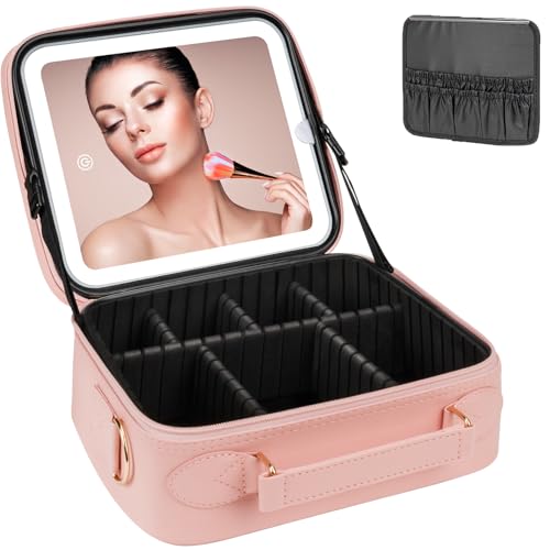 iFalarila Estuche de Maquillaje con Recargable Espejo LED [3 Colores y Regulación Continua] Bolsa de Maquillaje Estuche de Tren con Almacenamiento de Brochas, Profesional Neceser - Rosa