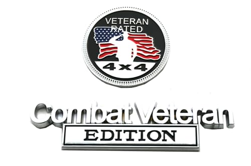 Image of 1x Combat Veteran Edition Emblem + 1x Veteran Rated 4X4 Emblem Metal Car Badge for Jeep, Universal Vehicle, Truck, RV, Scooter, SUV, Door Decoration (Chrome /Black)