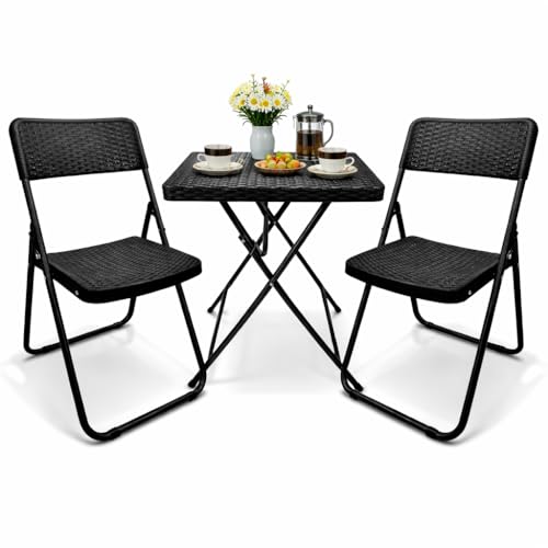 SUNMER Patio Bistro Garden Furniture Set - 3 Piece Rattan Effect Folding Table and Chairs - Heavy Duty Capacity, Weather Resistant Outdoor Seating for Garden, Balcony, Yard and Dining - Black
