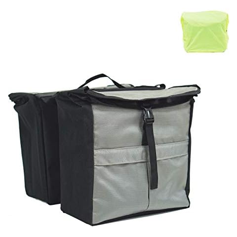 Vincita Top Load Double Pannier Water Resistant Cycling Side Bags - with Rain Cover, Large, Carrying Handle, Reflective Spots - - (Light Gray/Black) Cover