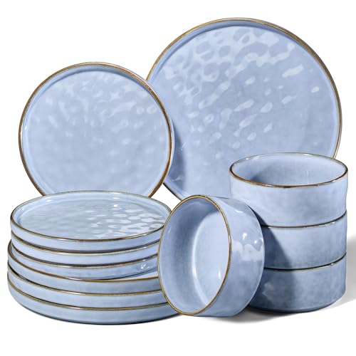 Homikit Service de table 12 pièces pour 4 personnes, service de table combiné avec assiettes plates, assiettes à dessert et bols à céréales, passe au micro-ondes et au lave-vaisselle, bleu sérénité