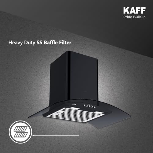 Image of KAFF 60 cm Auto Clean Kitchen Chimney | 1180 m /hr Suction | Dry Heat Auto Clean | Baffle Filter | Curved Black Tempered Glass | Matt Black Finish | LED Light | Soft Push Control | ELFBFDHC60