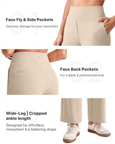 Image of G4Free EverGoing Wide Leg Ankle Pants for Petite Women with Pockets Stretch | Moisture Wicking, 4-Way Stretch, 7 /8 Ankle Length, Faux Fly Detail, Faux Back Pockets, Yoga To Casual Wear