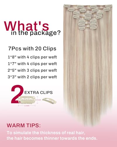 Image of Moresoo Clip in Hair Extensions Blonde Highlighted, 24 Inch Thick Volume | Remy human hair clip in extensions, highlights ash and bleach blonde, 150g 7pcs, double weft for added length