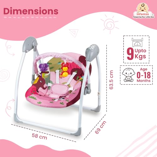 Image of Infantso Plastic Automatic Baby Swing Rocker with Hanging Toys and Remote Control for Newborn Baby - Foldable with Speed Adjustment and Safety Harness (Pink), 66 x 50 x 44 Cm