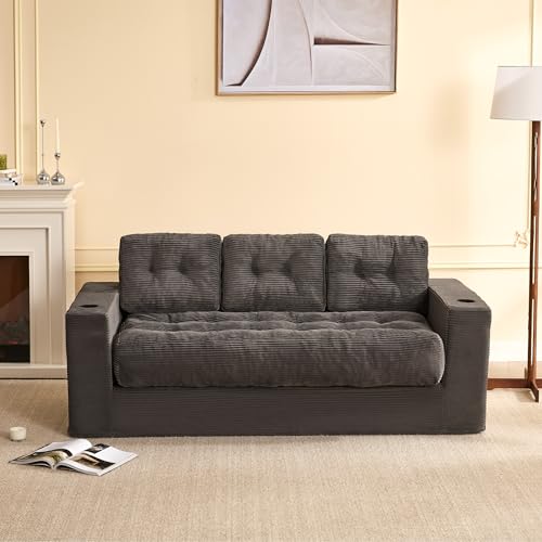 Litbird canapé 3 Places 190 cm Salon, Confortable sans Structure avec Coussins, accoudoirs, Double Porte-gobelets, Tissu côtelé, sans Montage, Gris