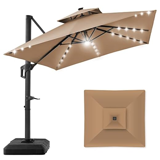 Best Choice Products 10x10ft 2-Tier Square Cantilever Patio Umbrella with Solar LED Lights, Offset Hanging Outdoor Sun Shade for Backyard w/Included Fillable Base, 360 Rotation - Tan
