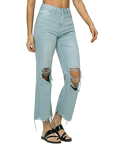 VERVET by Flying Monkey Distressed Cropped Flare Jeans Sage Blue High-Waist