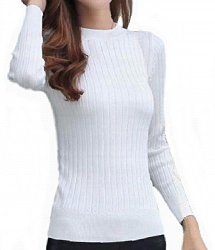 [トーアソーア] ハイネック リブ ニット トップス レディース 春 夏 秋 冬 薄手 タイト おしゃれ かわいい へそ出し tシャツ セーター カットソー 長袖 (白)