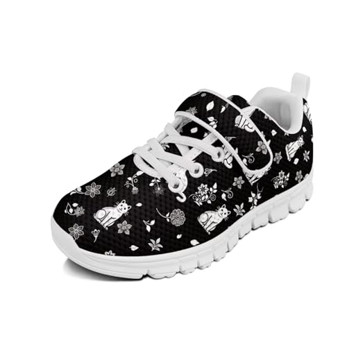 Kids Tennis Shoes Breathable Running Shoes Walking Shoes Fashion Sneakers for Boys and Girls Cat Flower Print（White Sole）