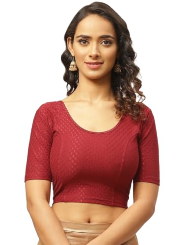 Image of Fressia Fabrics Pure Cotton 4-Way Stretch Readymade Blouse for Women | Free Size to 4XL Stretchable Round Neck Dobby Cotton Half Sleeve Readymade Saree Blouse for Women Stylish