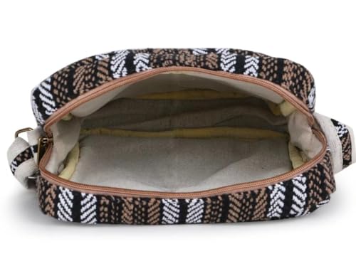 Crossbody Striped Bag, Small Canvas Purse with Adjustable Strap, Brown Black White Pattern, Multi-Compartment4