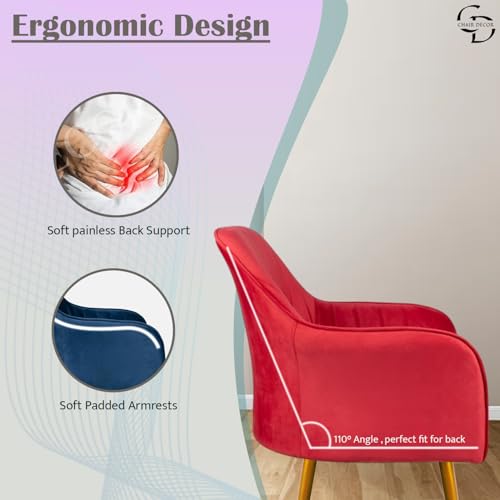 Image of Velvet Accent Chair | Luxury Upholstered Armchair with Sturdy Metal Legs | Modern Comfortable Chair for Living Room, Bedroom, Office, or Cafe (Golden Legs, Red Set of 2)
