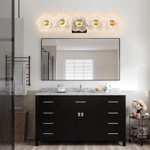 Image of MantoLite 26.7'' Bathroom Light Fixtures Modern Vanity Light Over Mirror Adjustable 3000K-6000K Picture Lights Art Light with Floral Clear Glass Shades for Living Room Bedroom (5 Light Black)