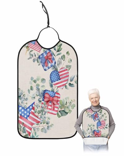 4th Of July Adult Bib for Adults Men, Women, Green Eucalyptus Leaves Stripes Stars Washable & Adjustable Terry Cloth Bib with Crumb Catcher Reusable Waterproof Clothing Clothes Protector Apron