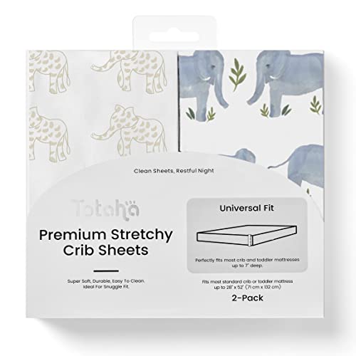 Totaha Premium Stretchy Crib Sheets (2-Pack)-Hypoallergenic, Silky Comfort, Buttery Soft, Calming Effect, All-Season Jersey-Knit Sheets, 9'' Extra Deep Pocket (Belgian & Blue Painted Elephant) #TOP6