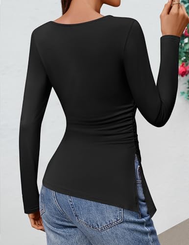 Image of ZESICA Womens Floral Long Sleeve Shirts 2026 Spring Boat Neck Mesh Ruched Tops Fitted Asymmetrical Going Out Blouses