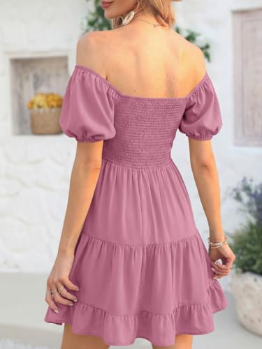 Image of Veatzaer Women's Puff Sleeve Square Neck Smocked Babydoll Dress Boho Floral Print Off Shoulder Ruffle Mini Short Dress