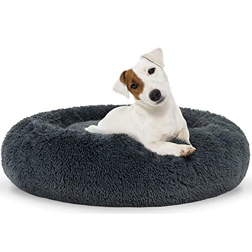Calming Dog Beds Pets Plush Round Donut Cat Bed Cuddler Cushion,Machine Washable Dark Grey 23''