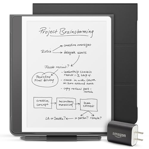 Image of Amazon Kindle Scribe Essentials Bundle including Kindle Scribe (16GB) - Tungsten, Premium Pen, Leather Folio-Black, and Power Adapter