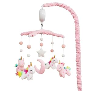 Baby Crib Mobile – Unicorn Crib Mobile for Girls with 25 Inches Mobile Arm and 35 Lullabies Musical Box, 3 Modes Digital, Volume Control, Essential Gift for Infant Bedroom Hanging Decor