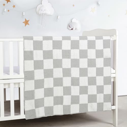 Image of CREVENT 30 inchX40 inch Cozy Soft Warm Chenille Baby Blanket for Girls Boys, Newborn Essentials for Infant, Baby Shower Receiving Gift - Checked Grey 75X100cm