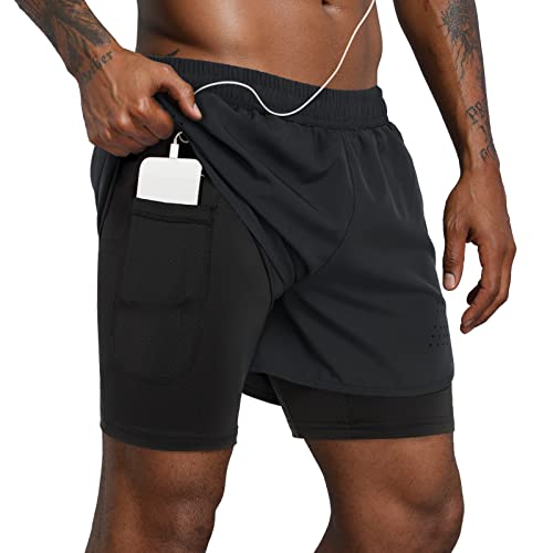 Lulucleaf Mens Running Shorts, 2 in 1 Shorts, Workout Running Shorts for Men, 5 Inch Gym Running Yoga Shorts with Liner Black Medium