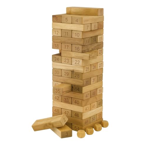 Juego de Torre de Madera 4 en 1 para Niños, Torre Clásica, Juego de Dados, Aprende Números y Rompecabezas Educativo, 54 Bloques de Construcción y 4 Dados Incluidos, Edades 36+
