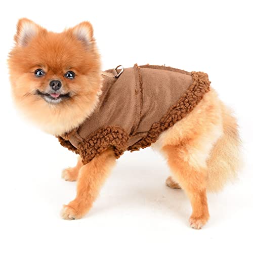 SMALLLEE_LUCKY_STORE Haustier-Wildlederjacke Fleece gefüttert, Wintermantel mit D-Ring für kleine Hunde Katzen Welpen, Chihuahua Yorkie warme Kleidung für kaltes Wetter, Braun, S