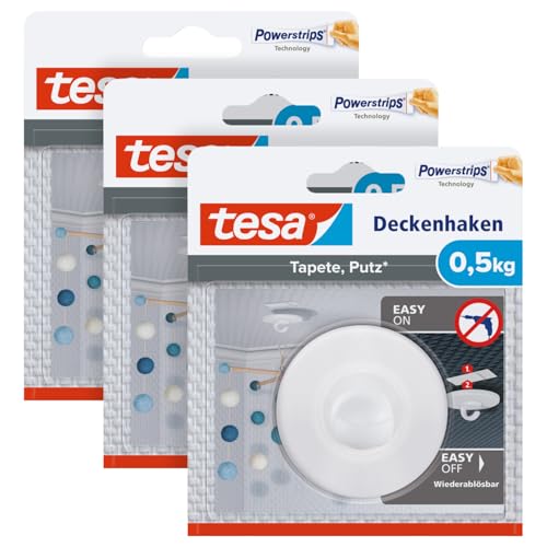 tesa Deckenhaken Tapeten & Putz -3er-Pack - selbstklebender Haken - ideal zur Befestigung von Deko-Objekten - hält bis zu 0 5kg/Haken - spurlos ablösbar