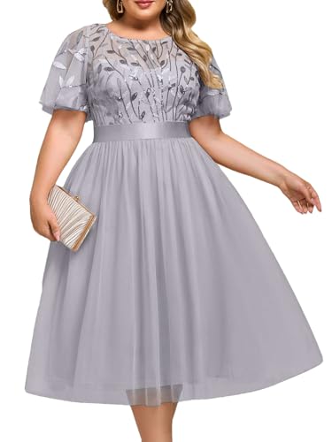 Image of Ever-Pretty Plus Women's Round Neck Embroidery Short Sleeves Sequin Tulle Midi Plus Size Cocktail Wedding Guest Dresses Grey US22