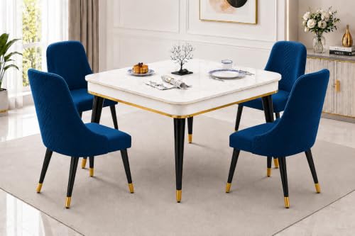 Image of WOODEN SPACE 4 Seater Wooden Dining Table Set | Urban Marble Top Dining Table with Chairs for Dining Room & Kitchen (Modern Vento Navy Blue) (42 x 42 x 30 inch)