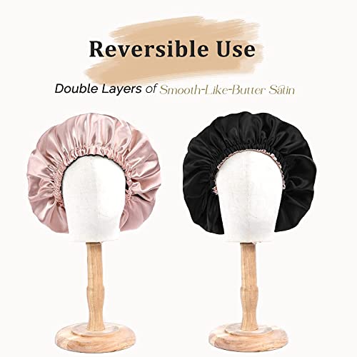 Image of GO WELL Reversible Satin Silk Bonnet With 3 Scrunchies - Adjustable Hair Cap for Sleeping, Curly Hair Wrap (Black)