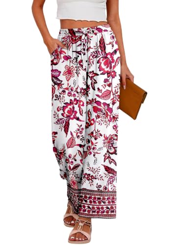 Boho Palazzo Pants for Women Floral High Rise Trousers White Rose XL