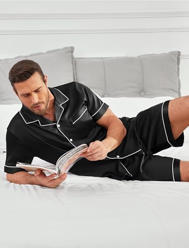 Vssjavun Mens Satin Silk Pajamas Sets Short Sleeve Button-Down Sleepwear Two Piece Loungewear with Pockets